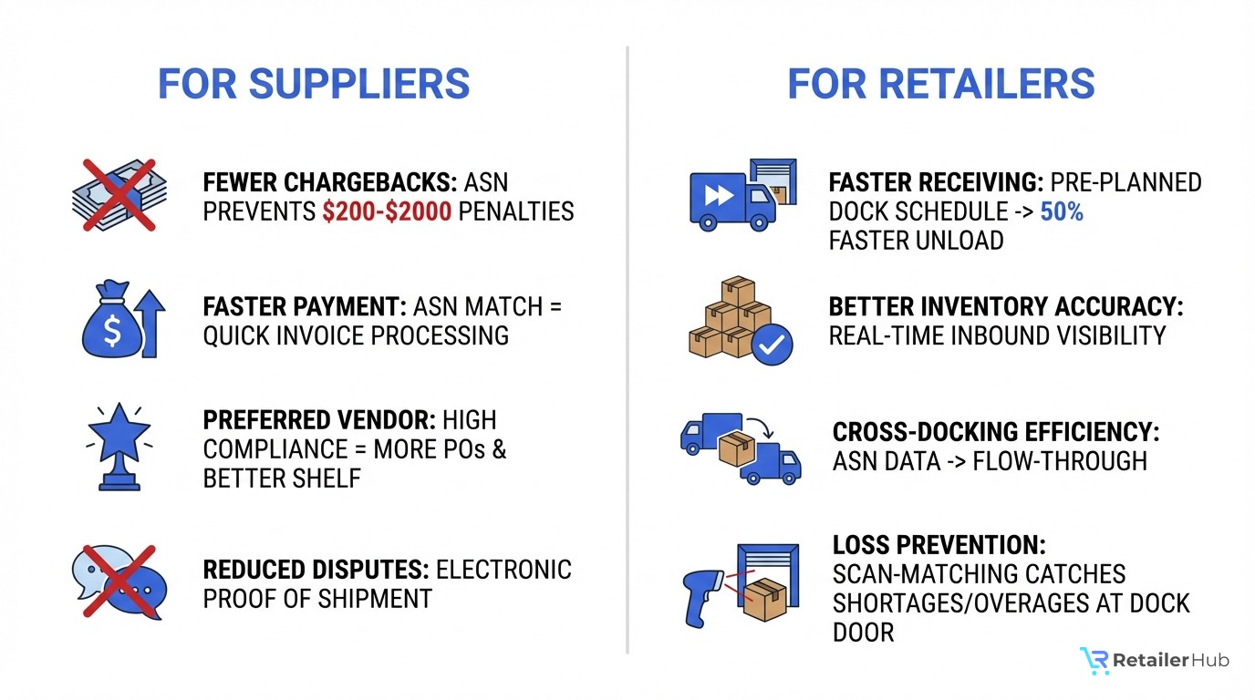 ASN benefits split into two columns: For Suppliers (fewer chargebacks, faster payment, preferred vendor status, reduced disputes) and For Retailers (faster receiving, better inventory accuracy, cross-docking efficiency, loss prevention)