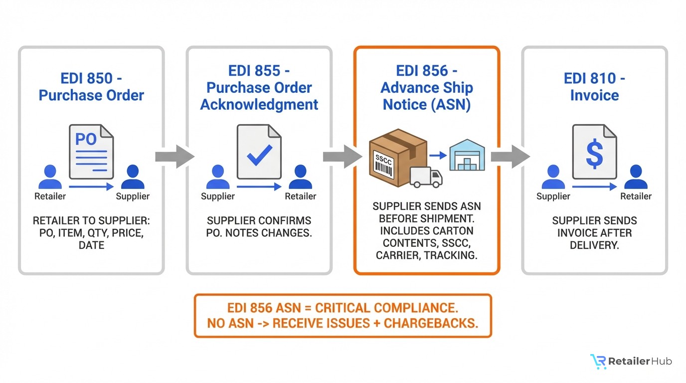 EDI document lifecycle showing four transactions: EDI 850 Purchase Order from retailer to supplier, EDI 855 PO Acknowledgment from supplier to retailer, EDI 856 Advance Ship Notice (ASN) sent before shipment, and EDI 810 Invoice sent after delivery