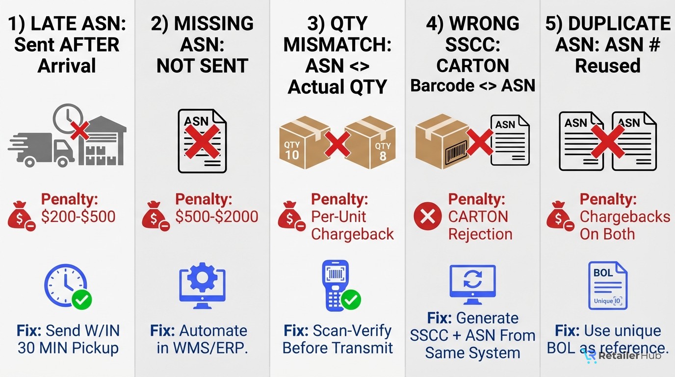 Five common ASN errors: Late ASN ($200-$500 penalty), Missing ASN ($500-$2000), Quantity Mismatch (per-unit chargeback), Wrong SSCC (carton rejection), and Duplicate ASN (chargebacks on both shipments), each with prevention tips