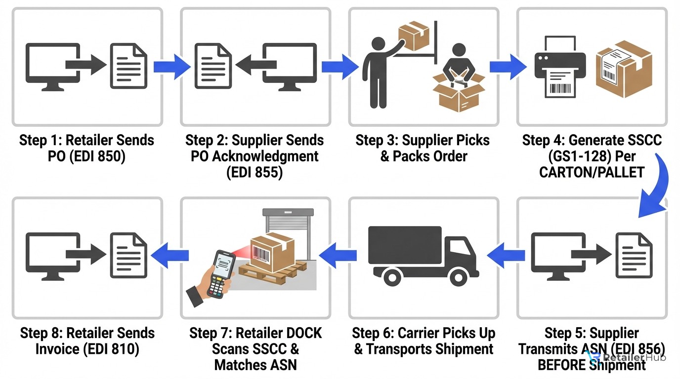 ASN process flow diagram showing 8 steps from purchase order to invoice: PO, PO acknowledgment, pick and pack, SSCC label generation, ASN transmission, carrier pickup, receiving dock scan, and invoice
