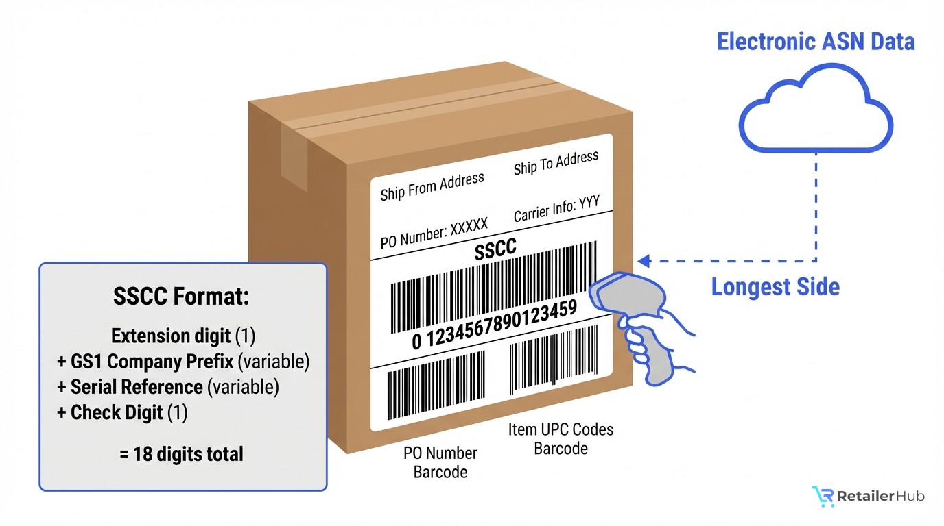 SSCC label anatomy showing a shipping label on a carton with Ship From/To addresses, PO number, carrier info, SSCC barcode, and the 18-digit SSCC format breakdown: extension digit, GS1 company prefix, serial reference, and check digit