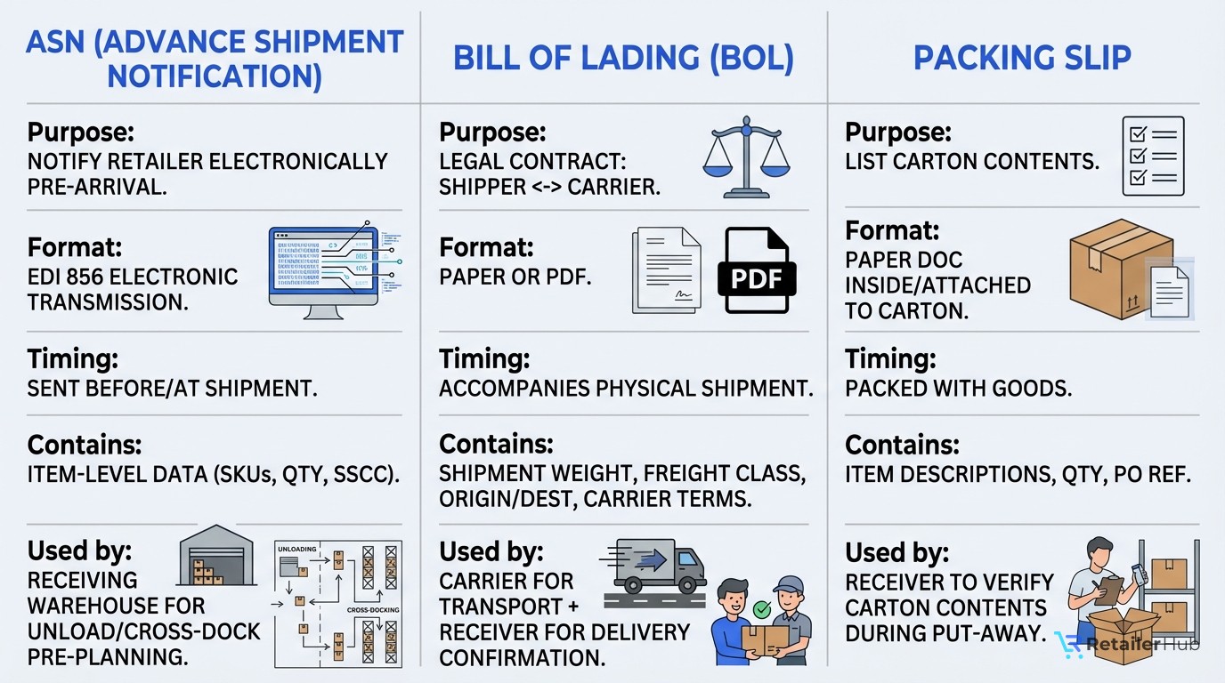 Side-by-side comparison of ASN (electronic, sent before shipment, item-level data), Bill of Lading (legal carrier contract, paper, shipment weight and terms), and Packing Slip (paper list of carton contents, packed with goods)